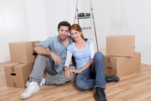 Packed boxes and furniture prepared for mobile storage in Wimbledon